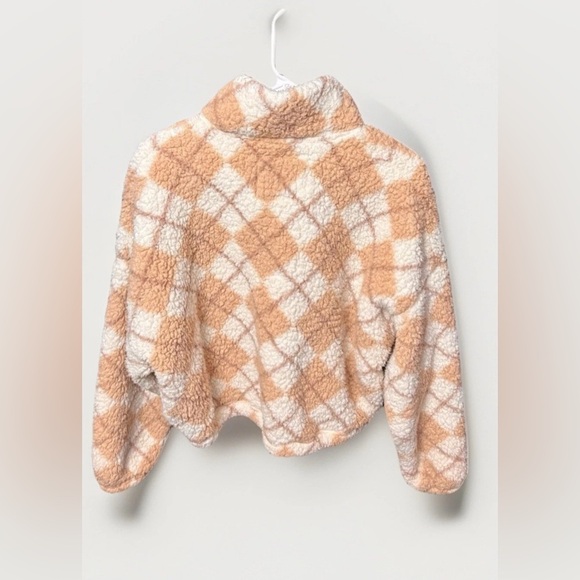 Hollister Sweaters - Hollister Women’s Sherpa Fleece Pullover Checkered Plaid Half Zip Tan White M